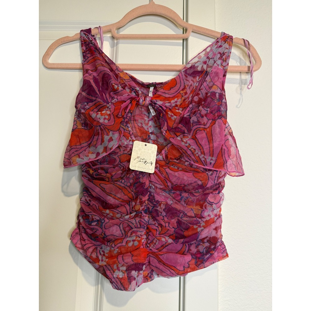 Free People Pink Rose Paisley Mesh Ruched Tie Front Tank Top XS NWT